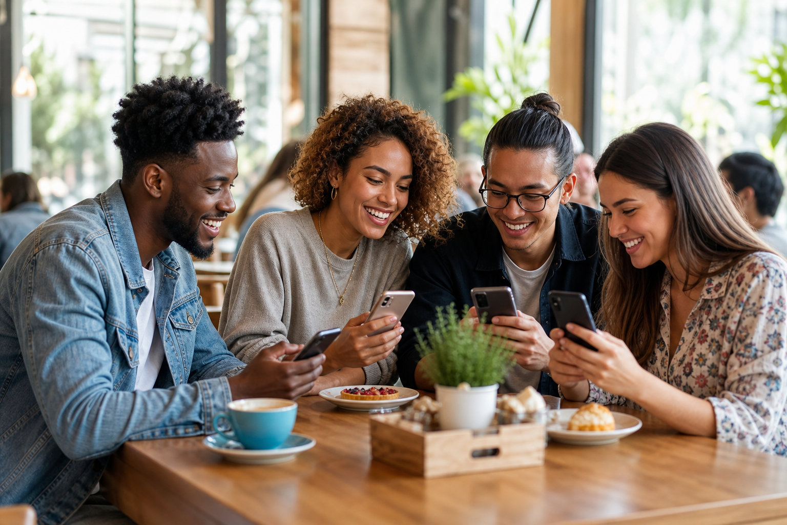 Friends smiling together in a cafe while using their phones